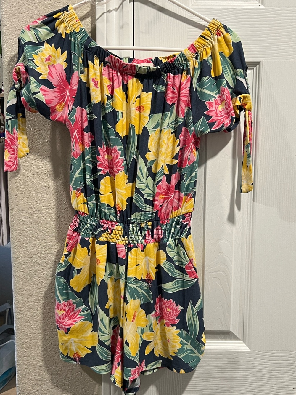 Derek Heart Navy Off-Shoulder Floral Romper with Yellow & Pink Blooms
